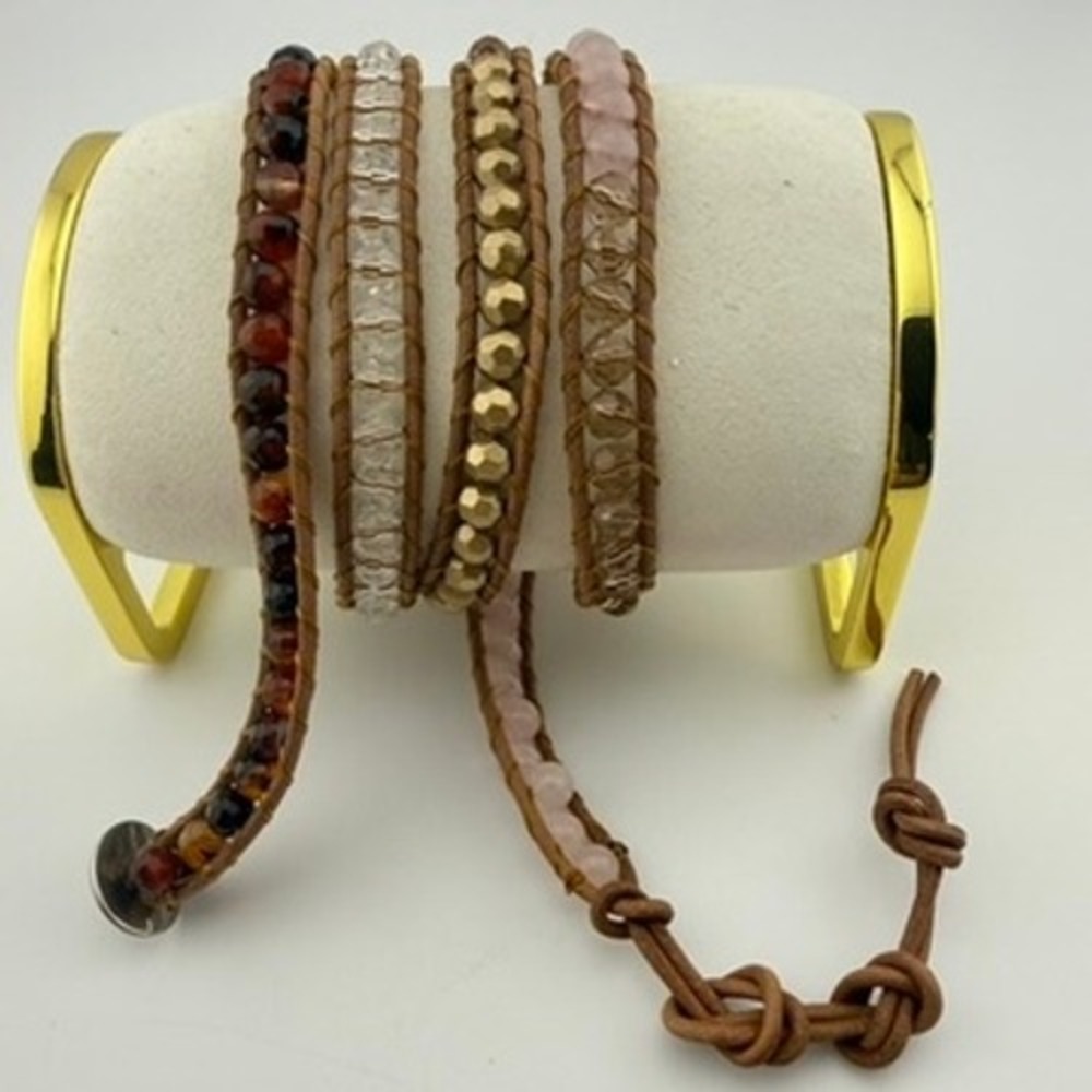 Boho Earthy Beaded Wrap Bracelet Gemstone Leather Multi Strand Handmade Bohemian